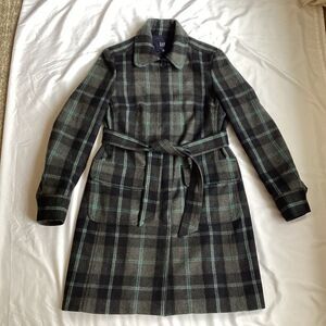 vintage gap women’s trench coat M plaid wool blend belted pockets multicolor